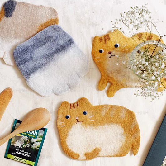 Needle Felting Animals《Cat Coaster》needle felt Material Kit Handmade 1Set(4cats Coasters),needle felting for beginners 037