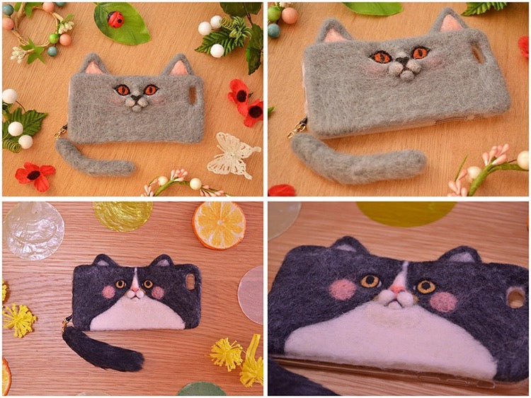 Needle Felting《Cats》needle felt Phone Case Material Kit Handmade ,Needle Felting for Beginners 051