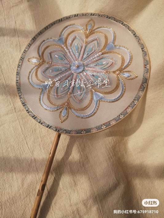 DIY Embroidery Kit- Chinese Fan Bead Embroidered 21cm Embroidery Beginner Kit Handmade Craft Kit 01