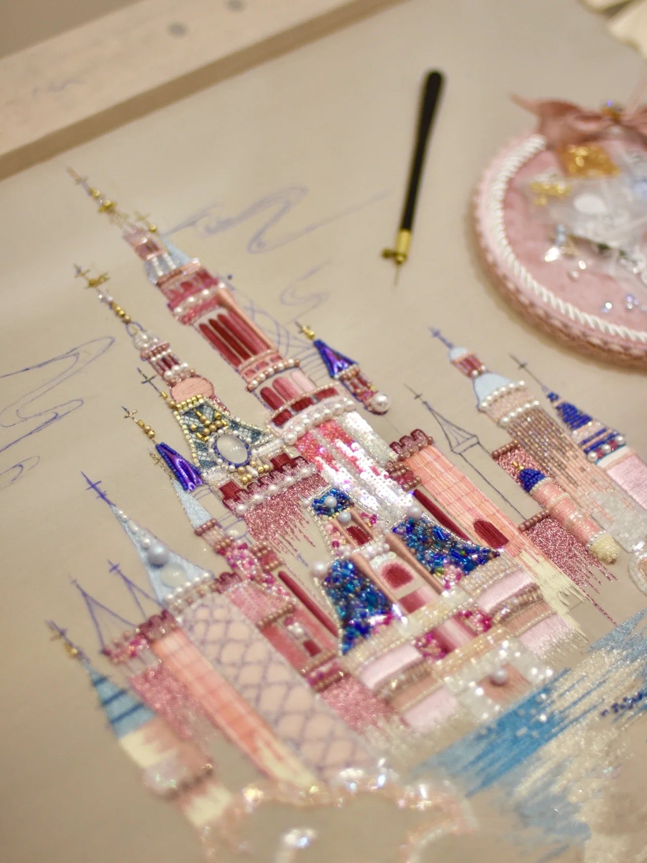 DIY Embroidery Kit- castle Frame 40cm embroidery beginner kit Handmade Craft Kit
