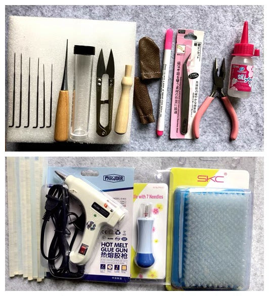 Needle felting kit for beginners- wooden needle handle, felting needles, finger protectors, 6 pairs 4mm black toy eyes, foam pad. wool needle felting set