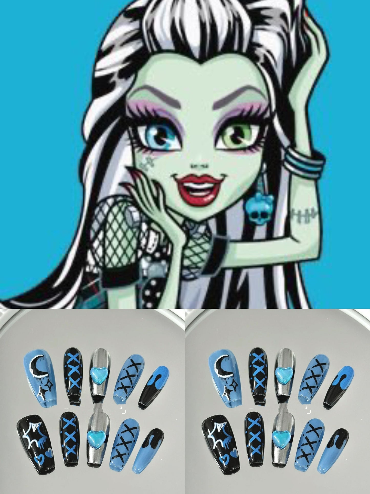 Monster high Frankie Stein inspired press on nails-custom art nails 02